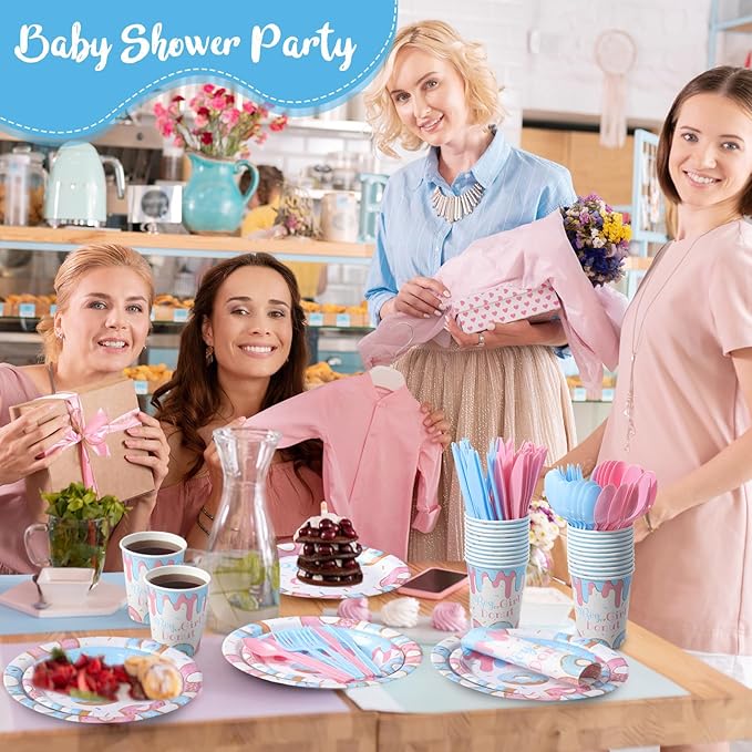 Pickmesh 400 Pcs Donut Themed Gender Reveal Party Supplies Include Boy or Girl Disposable Paper Plates Napkins Cups Cutlery for Blue Pink Gender Reveal Baby Shower Table Decorations Serve 50