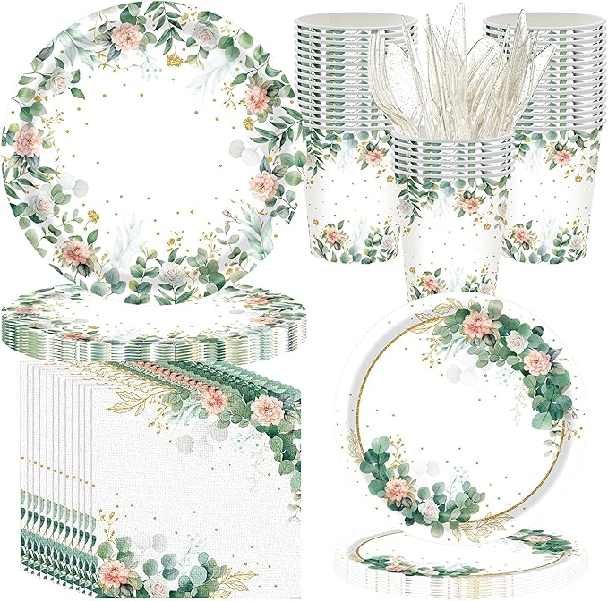 400 Pcs Sage Green Color Party Supplies Serve 50 Guests Eucalyptus Flowers Disposable Paper Plates Napkins and Cups for Bridal Baby Shower Birthday Wedding Party Decorations(Elegant)
