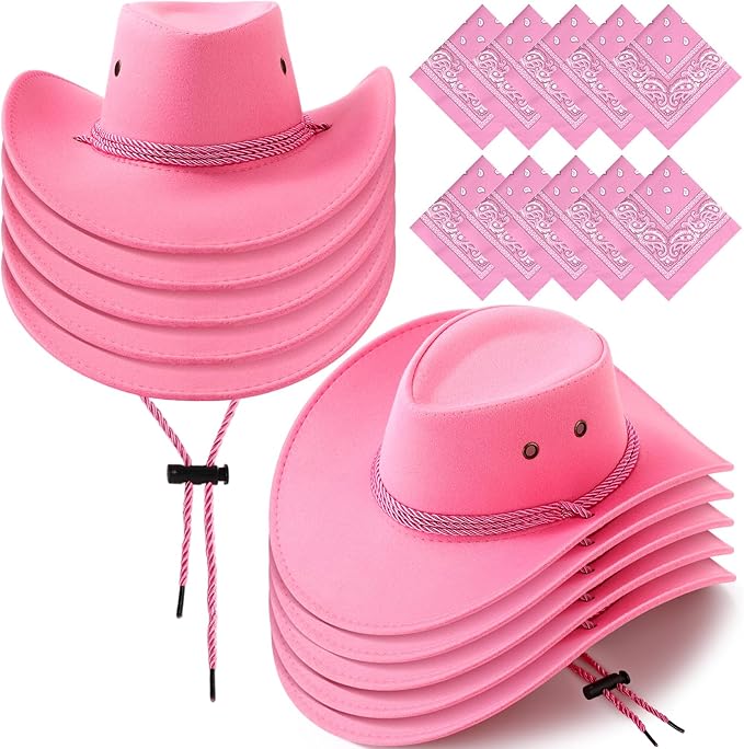 Coume 10 Set Cowboy Hat and Bandana for Women Men 10 Felt Cowgirl Cowboy Hat Bulk 10 Western Bandanas for Adult Costume Party