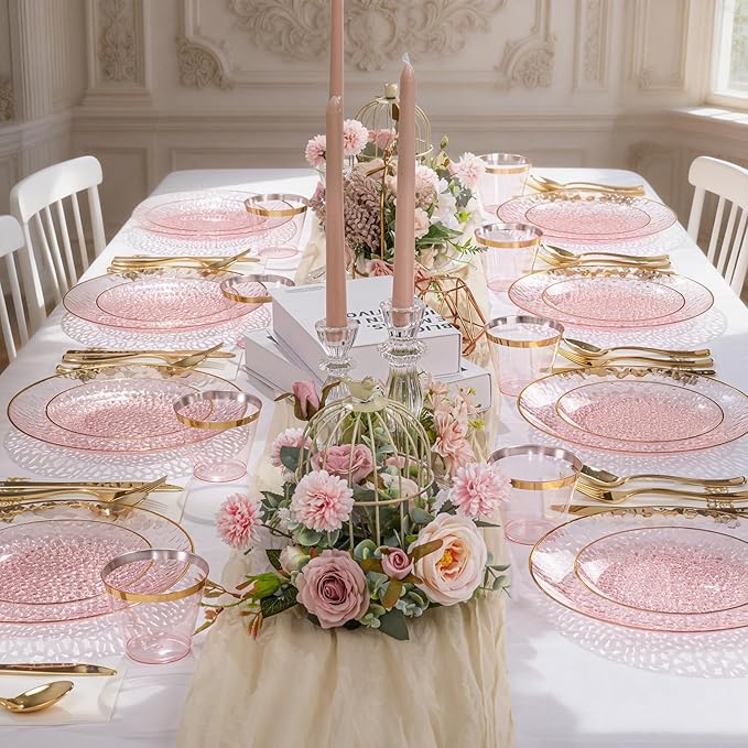 DaYammi 175 Pcs Pink Plastic Plates Dinnerware Set (25 Guests), Pink Disposable Plates, Hammered Party Platos Set Include Dinner Platos, Dessert Plates, Cups, Cutlery for Valentine's Day Party