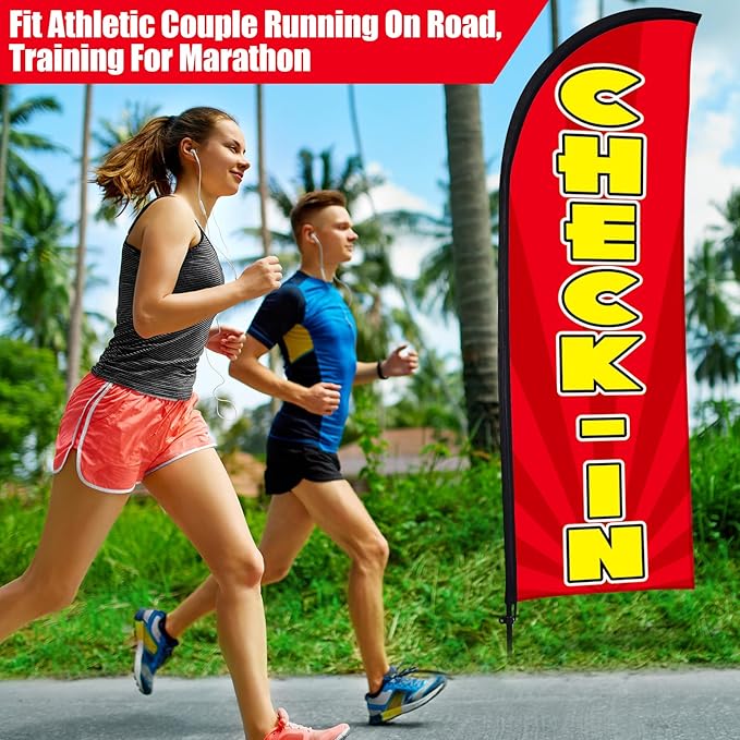Buryeah 2 Sets Check-in Feather Flag 8 ft Check-in Advertising Banner Swooper Flag with Pole Kit and Ground Stake for Marathons and Special Events Outside, Red