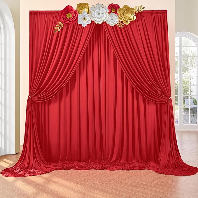 40ft×8ft Red Wrinkle Free Backdrop Curtains for Parties, 8 Panels 5×8ft Soft Silky Photo Backdrop Drapes for Wedding Birthday Party Baby Shower Mother's Day Red Themed Party Photography