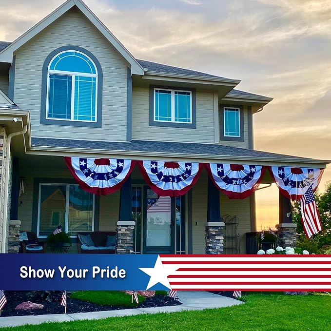 SYII Bunting Flag 3x6 Feet Outdoor (6 PCS), Embroidery Stars American US Bunting Flags with 3 Brass Grommets, Patriotic Half Fan Banner for Fourth of July Decor, 4th of july Decorations Outdoor