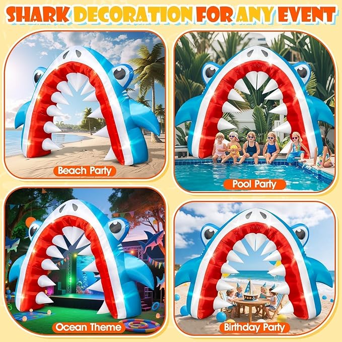 Eyourlife 12×8 FT Shark Summer Inflatable Arch, Giant Outdoor Blow Up Yard Decoration with Built-in 6 LED Lights for Pool Stage Event Birthday Party Ocean Theme Luau Beach Party Take Photos