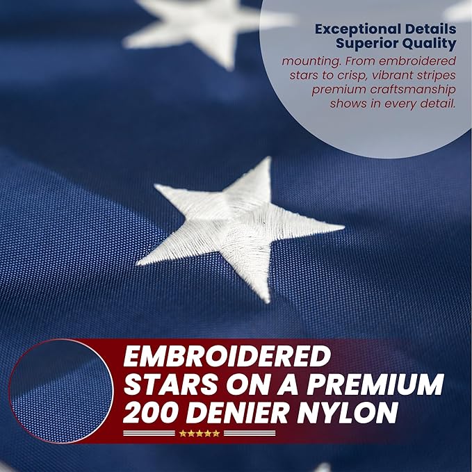 Premium American Flag - 5' x 8'– Hand-Stitched Detail & Embroidered Stars | US Sourced Materials | Built with Pride in the US