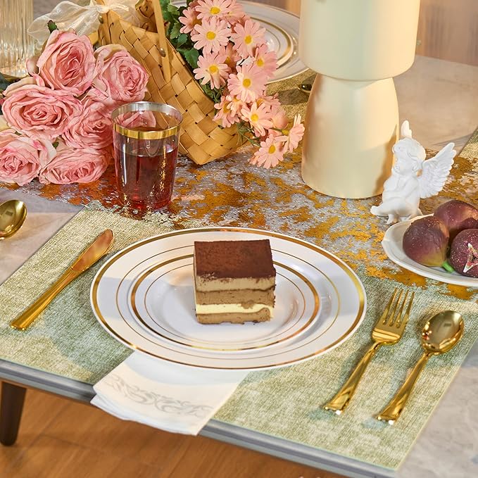 175 Pcs Gold Disposable Plates for 25 Guests, Disposable Plastic Plates, Dinnerware Set Include 25 Dinner Plates, 25 Salad Plates,25 Cups, 25 Paper Napkins for Party, Wedding, New Year
