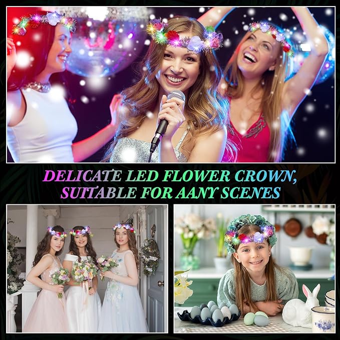 Syhood 40 Pcs LED Flower Headband, Light up Flower Crown Garland Headdress Floral Headpiece for Women Hair Accessories Bridal Shower Holiday Birthday Wedding Party(Rose Style)