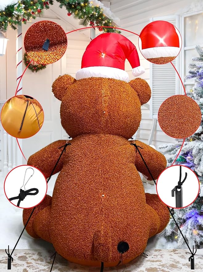 Kalolary Fluffy Bear Inflatable with LED Light, Christmas Blow Up Indoor Decoration, Xmas Teddy Yard Inflatable for Holiday Family Party Lawn Decor