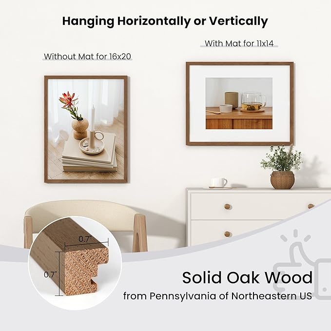 Axeman 16x20 Picture Frame with Mat for 11x14,Solid Oak Wood Poster Frame with Tempered Glass for Home Decor, Wooden 16x20inch Photo Frame for Art Photo and Prints, Wall Hook Included, Oak 3 PCs