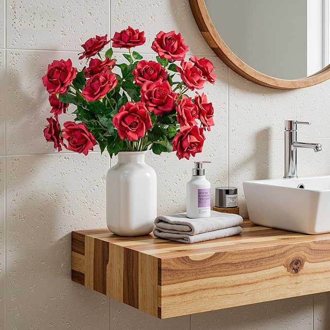 Artificial Flowers Artificial Roses Fake Roses 20PCS Long Stem Artificial Flowers for Tall Vase Silk Rose Suitable for Indoor Wedding Party Decor Valentine's Day DIY Bouquet Spring,Red, 23.2In