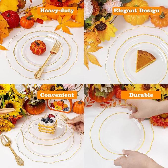 YOUBET 125PCS Gold Plastic Plates - Clear Gold Disposable Plates - 25 Guests Baroque Plastic Dinnerware Includes 25Dinner Plates, 25Dessert Plate, 75Silverware for Party & Wedding