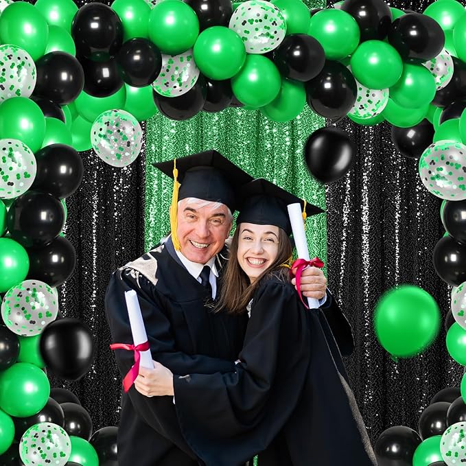 137 Pcs Green Black Party Backdrop Kits- 4 Sequin Curtains Backdrop 133 Balloon Arch Kit, Glitter Photo Background for Birthday Christmas New Year Eve Graduation Anniversary Baby Shower