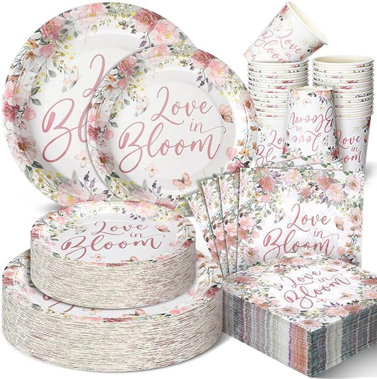 Zhehao 250 Pcs Love in Bloom Bridal Shower Plates Napkins Sets 50 Pcs 9'' Dinner Plates and 7'' Dessert Plate and 9oz Cups 100 Napkins Serves 50 Party Supplies Bridal Shower Engagement Decoration