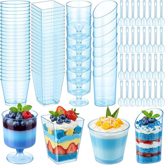 300 Pack Clear Blue Mini Dessert Cups with Spoons 5oz 3oz Plastic Square Slanted Parfait Appetizer Shooter Round Goblet for Dessert Table Birthday Party Ice Cream Pudding Mousse Yogurt