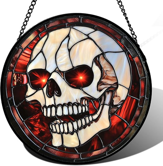 Stained Glass Window Hanging - Halloween Decorations White Skeleton Suncatcher for Doors Garden Indoor Spooky Funny Red Sun Catchers Gothic Decor Horror Gifts for Women Men Friend 9.8 in