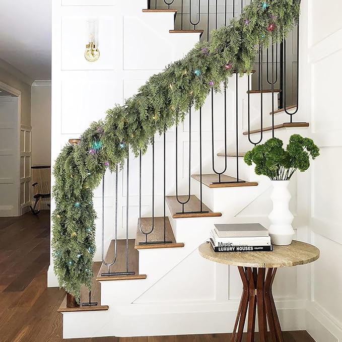 Cedar Christmas Garland with Lights for Mantle - 2 pack Decorations 6 ft Realistic Lighted Faux Pine Garlands for Xmas Home Decoration Indoor Stairs Railing Fireplace Outdoor Prelit Garland Door Decor