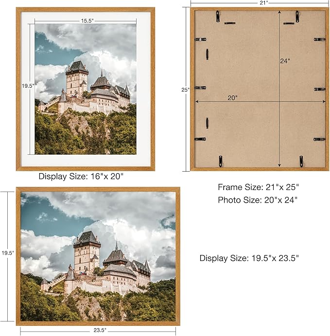 Axeman 20x24 Frame - Solid Teak Wood 20 x 24 Picture Frame With Mat for 16x20, 24x20 Wood Poster Frame, Tempered Glass and Hanging Hardware Included Home Decor Art Hanging Frame, Natural Teak