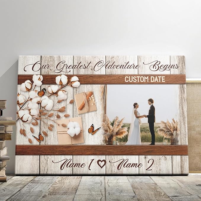 Dem Canvas Personalized Couple Canvas Prints, Custom Love Photo And Name, Our Greatest Adventure Begins, Wedding Gifts For Couple Anniversary Engagement Gift For Couples