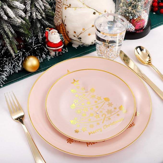 LIYH 150 Pcs Christmas Dinnerware Set Disposable - Pink and Gold Plastic Christmas Plates - Gold Tree Design, Plastic Silverware,Cups for 25 Guests for Xmas Day