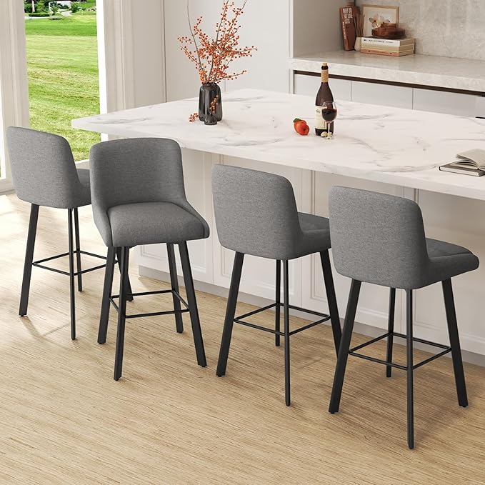 Swivel Bar Stools Set of 4, 29''H Upholstered Barstools with Backs, Modern Counter Height Bar Stool Chairs for Kitchen Island, Metal Legs, Fabric, Gray Counter Stools