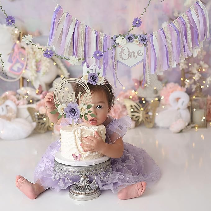 JUIIZAY First Birthday Decorations For Girl Purple High Chair Banner One Flower Cake Topper Floral Hat Wildflower Garland 1st Birthday Decoration Supplies