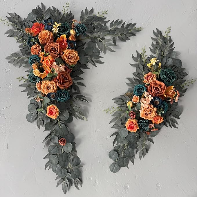 Wedding Arch Flowers with Drapes Kit (Pack of 4) - 2pcs Artificial Teal Orange Fall Deluxe Swag with 2pcs Sheer Drapes for Wedding Ceremony Arbor Reception Backdrop Rose Floral Decoration