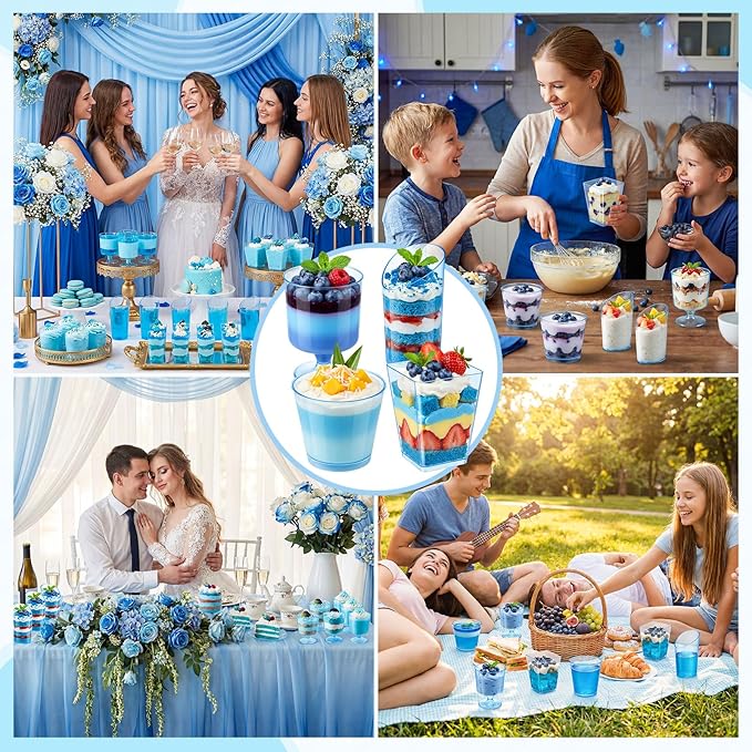 300 Pack Clear Blue Mini Dessert Cups with Spoons 5oz 3oz Plastic Square Slanted Parfait Appetizer Shooter Round Goblet for Dessert Table Birthday Party Ice Cream Pudding Mousse Yogurt