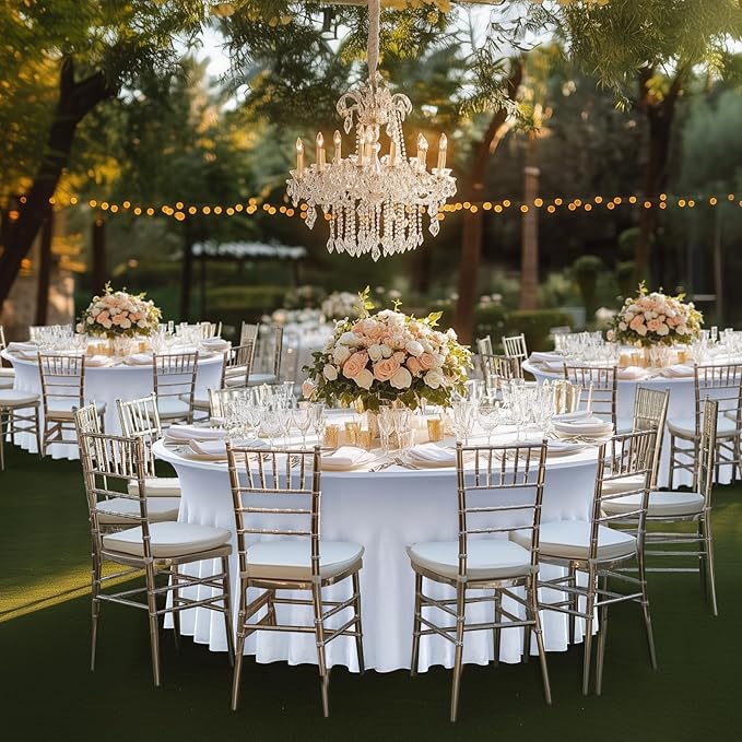 8 pk White Round Spandex Tablecloth for 60in Tables, Wrinkle Free Stretchy 120inch Fitted 5FT Table Cloths Round Table Covers with Skirt for Wedding Party Dining Banquet Events