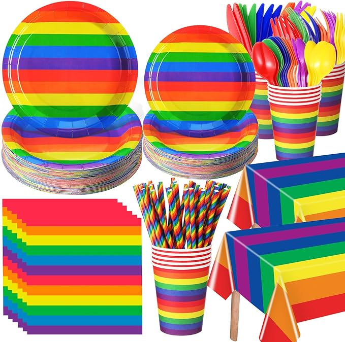 452 Pcs Rainbow Pride Party Decorations Include Rainbow Disposable Paper Plates Napkins Cups Tablecloth Cutlery Straws Colorful Stripe Party Supplies for Birthday Graduation Pride
