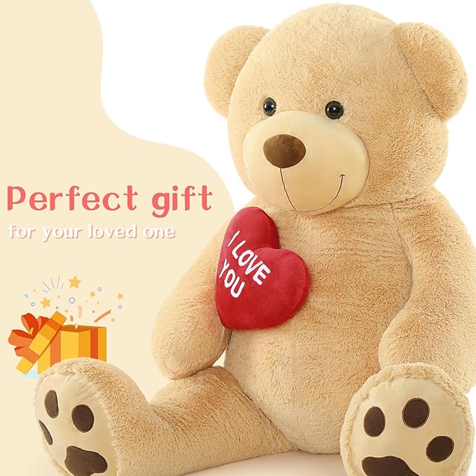 Red Heart Giant Teddy Bear 6ft, Big Teddy Bear Stuffed Animals with Embroidered I Love You for Girlfriend Christmas Birthday, Huge Valentines Teddy Bear Gifts (Brown, 72 inches)