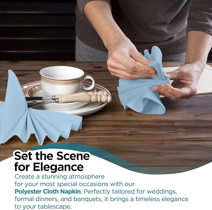 Polyester Cloth Napkins - Washable Soft Table Linens - Durable & Elegant for Dining, Restaurants, Weddings, Events, Rentals, Banquets, & Parties - Premium Quality Set of 150, Light Blue, 20"x20"