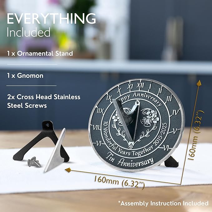 The Metal Foundry Personalized Tin 10th Sundial - Heavy Duty Recycled Metal Home Or Garden Present Idea Made in The UK for Parents, Grandparents, Friends, Couples On 10 Years Marriage