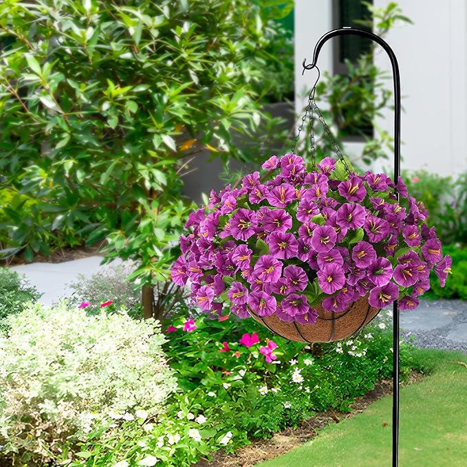 Homsunny Artificial Hanging Flowers Plants Basket for Outdoor Decoration,Fake Petunias Faux Silk Moring Glory UV Resistant for Outside Porch Patio Courtyard Spring Summer Decor(Purple)