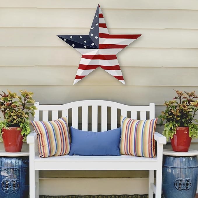 JoyEvy 19.4“ Patriotic Metal Barn Star Wall Decor, American Flag Stars for House Ornaments, Indoor Outdoor Wall Hanging Primitive Decor Star for 4th of July Decoration