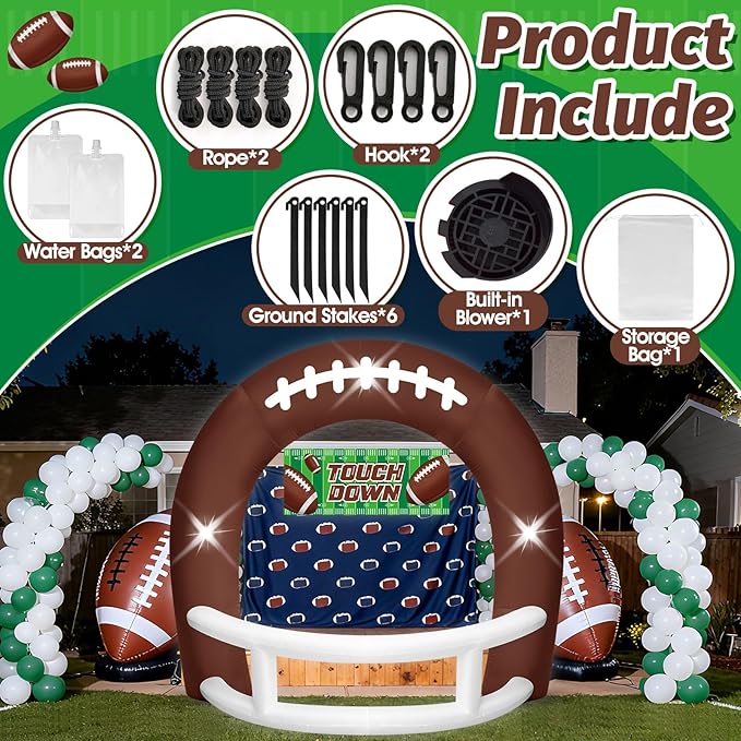 8FT Brown and White Football Helmet Inflatable Arch with Game Day Banner, Giant Outdoor Blow Up Football Helmet with Built-in 3 LED Lights for Football Themed Birthday Party Lawn Yard Decoration