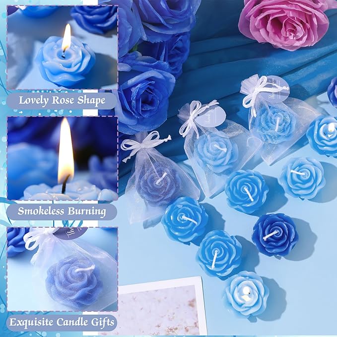Treela 50 Set Flower Candles Wedding Favor for Guests Mini Blue Rose Shaped Tealight Candles for Return Gift Wedding Birthday Bridal Shower Housewarming Party