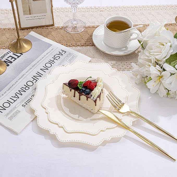 COLOSUS 60pcs Ivory Plastic Plates -Elegant Plastic Plates,Heavy Duty Cream Disposable Plates for Party Include 30 pcs Dinner Plate and 30 pcs Dessert Plate for Wedding/birthday/baby shower