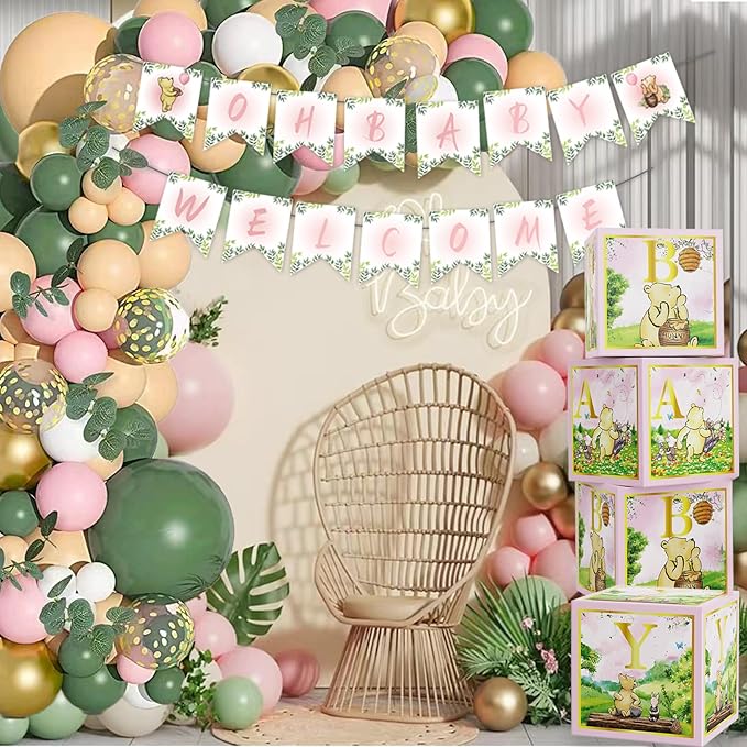 158pcs Pink Classic Winnie Baby Shower Decorations Kit, Vintage Winnie Party Supplies Decorations, Classic Pooh Backdrop Cake Topper, Winnie Baby Tablecloth Box Decorations for Girl Boy Baby Shower