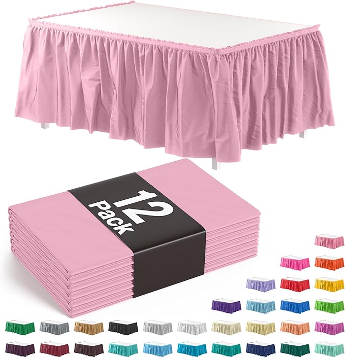 Exquisite Ruffle Table Skirt Pink Pack Of 12, 14 Ft Long Table Skirts for Rectangle Tables 6ft Plus or Round Tables Skirts with Adhesive Strip for Gender Reveal Decor & Happy Birthday Parties