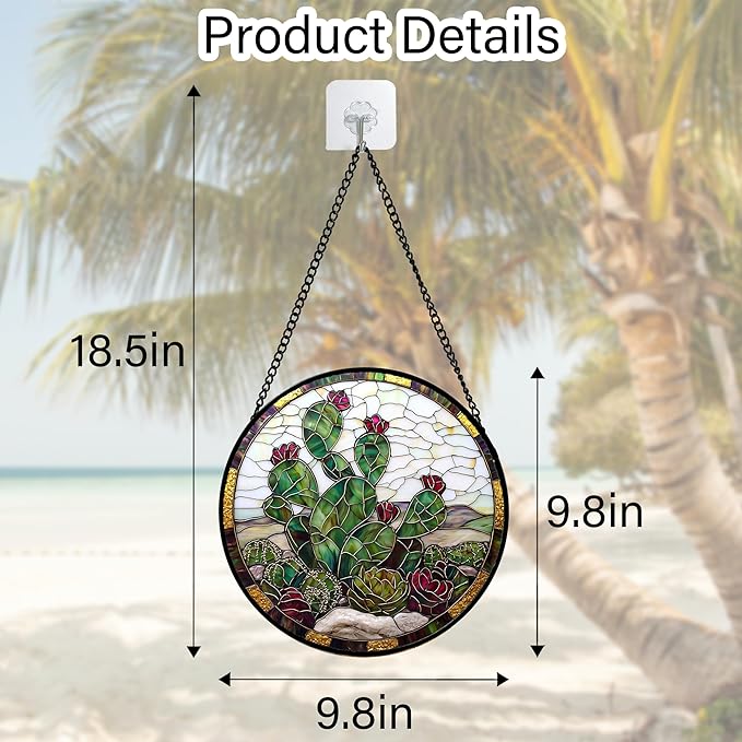 Stained Glass Window Hanging,Green Cactus Purple Flowers Suncatcher Diamond Glass Panel Sun Catchers Decor for Birthday for Women, Men, Wife, Aunt, and Mom 9.8 in
