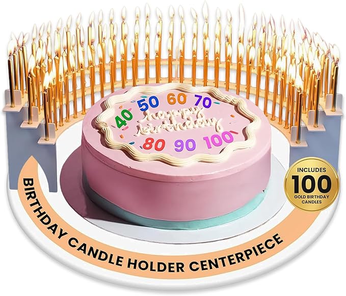 White Candle Holder Centerpiece for Milestone Birthdays – Perfect for 40th, 50th, 60th, 70th, 80th, 90th, and 100th – Includes 100 Gold Birthday Candles – Elegant Cake Decorations