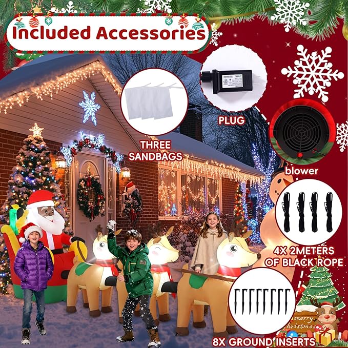 12 FT Sanlu Santa Claus Sleigh Outdoor Inflatable with LED Lights for Christmas Holiday Party Decoration, Winter Garden Decoration