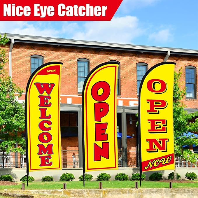 Buryeah 3 Sets Now Open Feather Flag Banner for Business Advertising 7 Feet Tall Grand Opening Feather Flag Sign with Fiberglass Pole Kit Rotating Ground Spike and Portable Bag (Yellow)