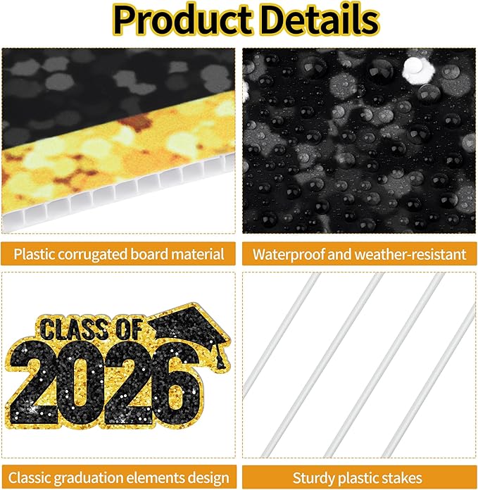 ANVAVO 2026 Congrats Grad Yard Signs Graduation Waterproof Decorations Graduation Yard Sign Decor Grad Party Outdoor Lawn Decor with Stakes, Black and Gold