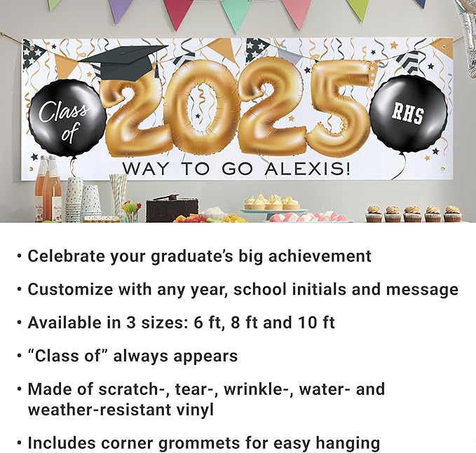 Let's Make Memories Personalized Graduation Banner - Class of 2025 Graduation Party - Custom Congratulations Banner - Indoor/Outdoor Vinyl - Up and Away - Balloons - 8 ft.
