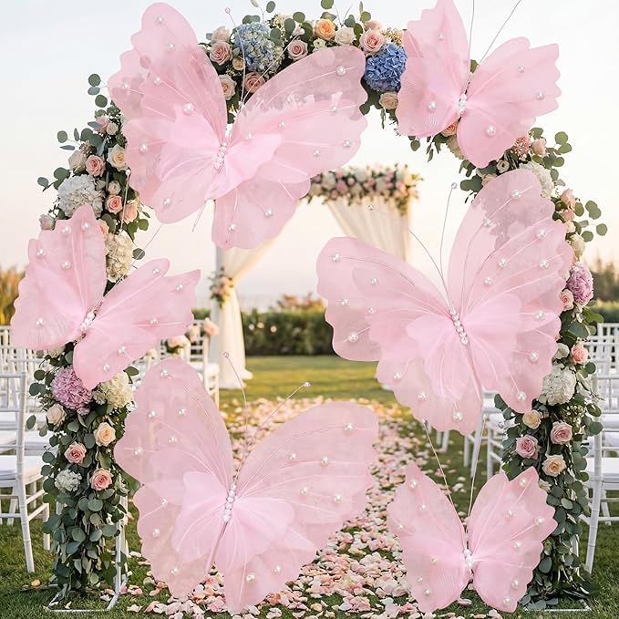 Geelin 6 Pcs Large Pink Pearl Butterfly Decorations Mariposas Grandes para Decoracion Big Butterfly Party Decor 20 Inch 12 Inch 3D Silk Butterflies for Baby Shower Birthday Party Wedding Decor