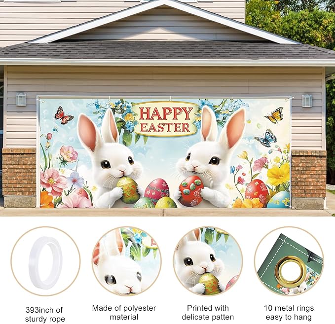Happy Easter Garage Door Banner 7x16FT, Cute Bunny & Easter Eggs Garage Door Cover, Outdoor Spring Holiday Decoration for Garage, Front Yard, and Parties