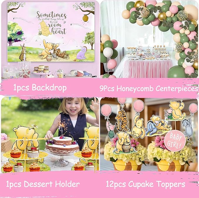 158pcs Pink Classic Winnie Baby Shower Decorations Kit, Vintage Winnie Party Supplies Decorations, Classic Pooh Backdrop Cake Topper, Winnie Baby Tablecloth Box Decorations for Girl Boy Baby Shower