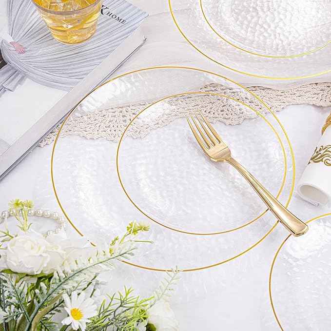 Rubtlamp 350 Pcs Clear Gold Plastic Plates, Hammered Disposable Dinnerware, Clear-Gold Plates Set Include 100 Plastic Platos, 150 Gold Disposable Silverware, 50 Cups And 50 Napkins for Party