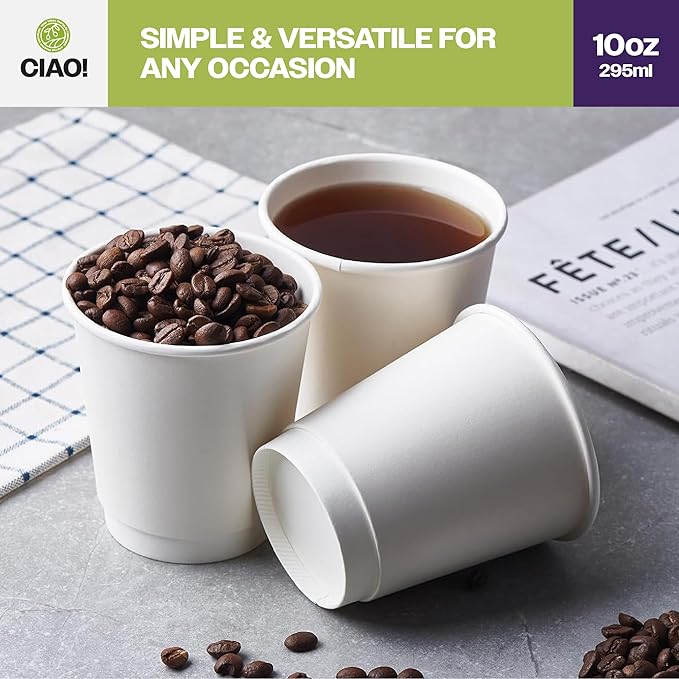 CIAO! 10 oz Insulated Double Wall White Paper Hot Cup, 90mm Diameter, 500 Count